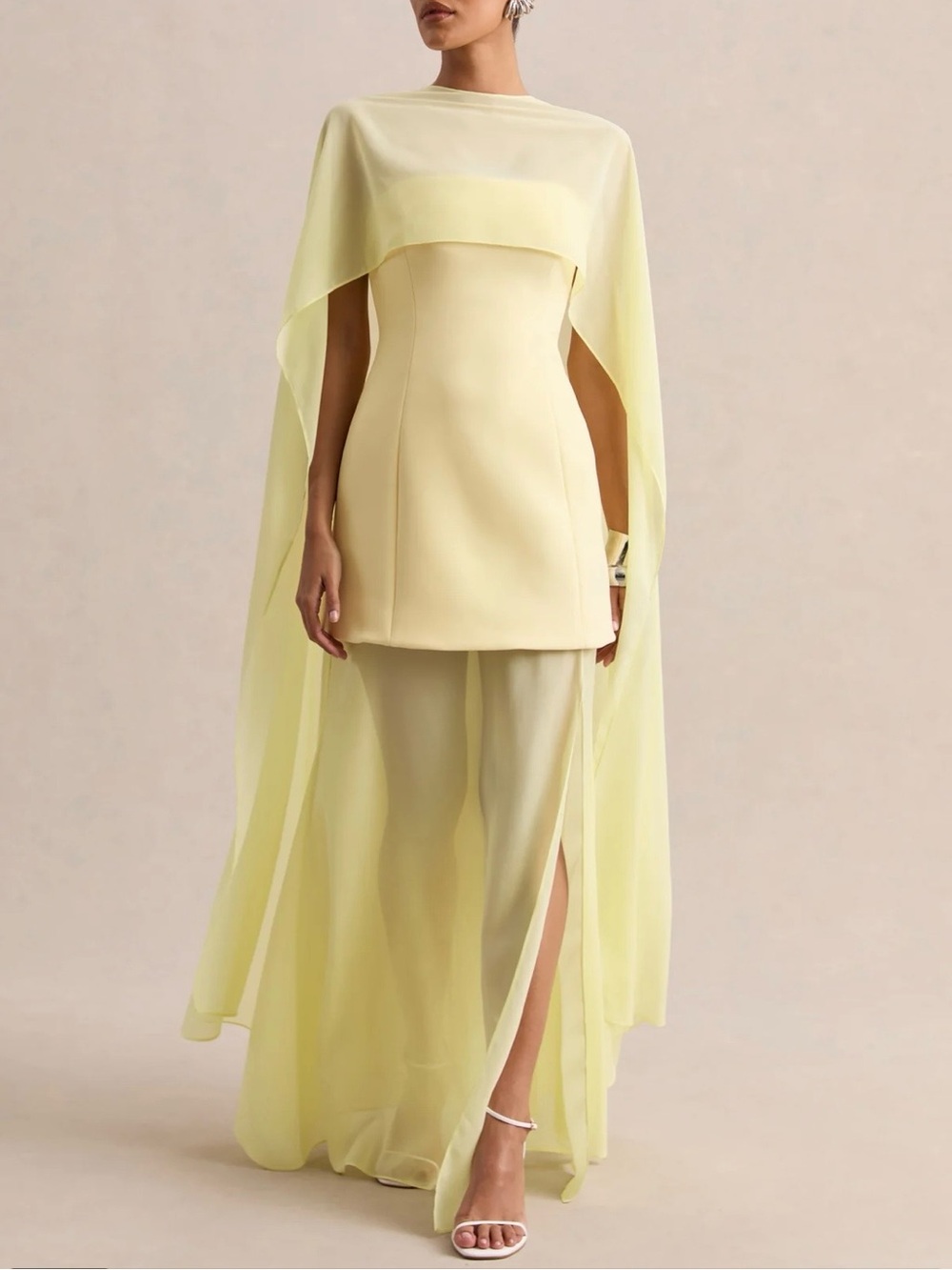 Club L London Chessa Dress - Pale Yellow Lemon Sheer Cape Set